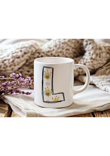 L Harfi Arı Desenli Kupa - Sevimli Hayvan Temalı Kişiye Özel Kahve Kupası - Şans Kupası Beyaz