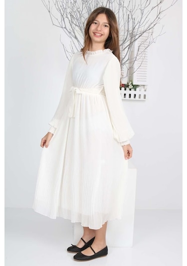 Kız Çocuk Uzun Boydan Pliseli Şifon Elbise Beyaz