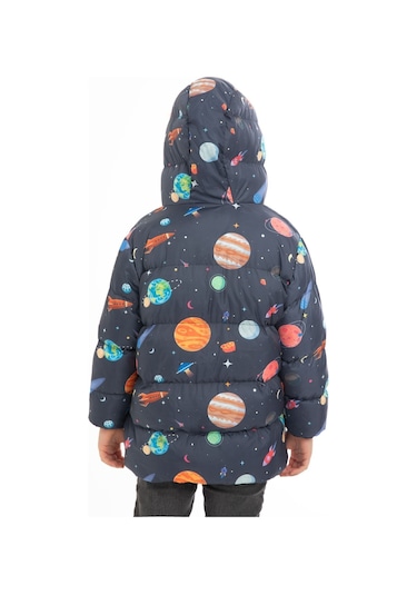 Erkek Çocuk İçi Polarlı Kapüşonlu Gezegen Yıldız Desenli Kışlık Şişme Mont Lacivert