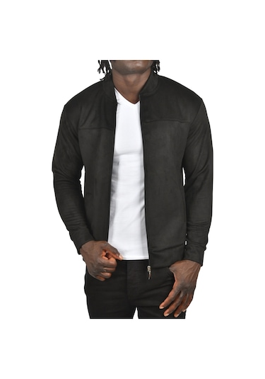 Deepsea Erkek Siyah Dar Kesim Likralı Fermuarlı Süet Kumaş Ceket İnce Mont 2504334 Siyah