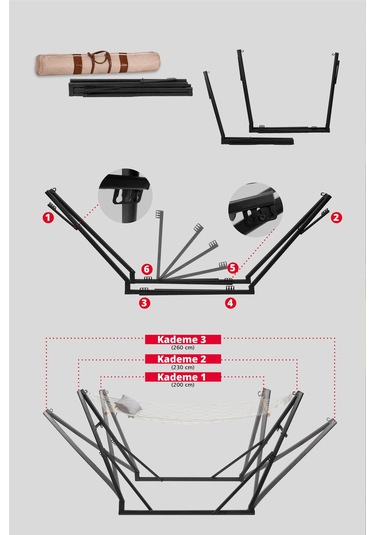 Metatek Katlanır Metal Ayaklı Taşınabilir 3 Kademe Hamak Siyah