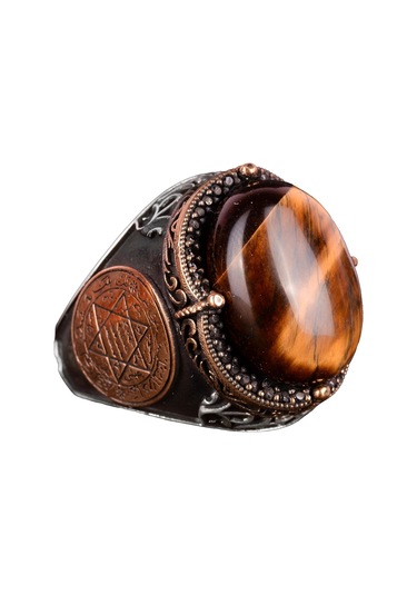 Doğal Taş Yüzük Davut Yıldızı Erkek Yüzüğü 925k Gümüş Erkek Yüzüğü Kaplan Gözü İle Cesur Tasarım Gümüş