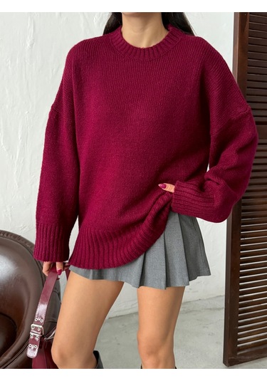 Kadın Yumuşak Dokulu Bisiklet Yaka Oversize Basic Triko Kazak Bordo