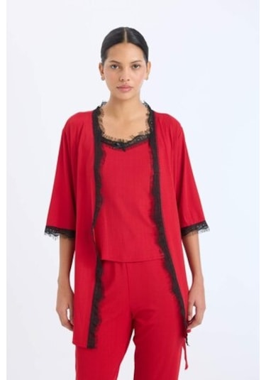 Defacto Fall İn Love Yılbaşı Temalı Wrap Yaka Yarım Kol Kuşaklı Sabahlık B7696ax23wnrd119 Kırmızı