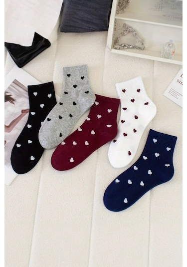 Kadın 5 Çift Premium Kalite Minimal Kalp Desenli Kısa Kolej Çorap Çok Renkli Çok Renkli