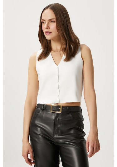 Ritnice Kadın Petite Çıtçıtlı Crop Krem Triko Yelek Krem