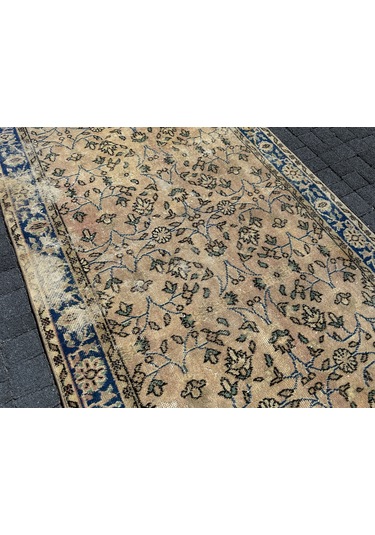 El Dokuma 115x175 Eskitme Vıntage Dekoratif %100 Yün Mavi Krem Mavi