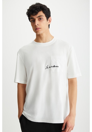 Kravın Erkek %100 Pamuk Bisiklet Yaka Baskılı Ekru T-shirt