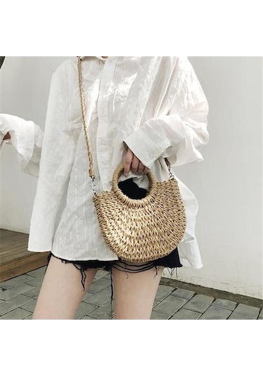 Novahub El Yapımı Rattan Dokuma Plaj Çantası - Kadın Crossbody Çanta - Bej, Haki Rengi, Pratik Tasarım Haki