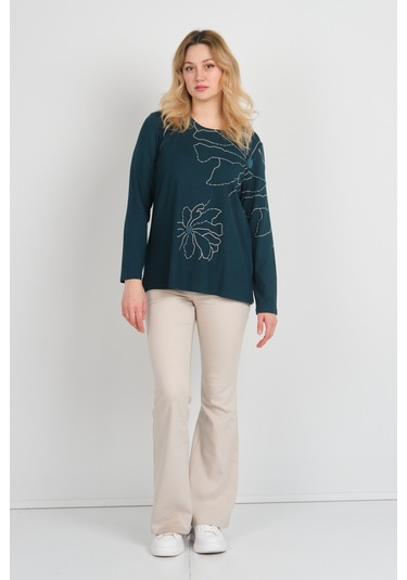 Detay Triko Kadın Boncuk İşlemeli Desenli Uzun Kol Anne Bluz 5737 Zümrüt Zümrüt
