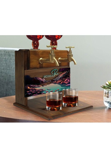 Bk Gift Kişiye Özel Kabartma Manzara Tasarımlı İsimli Çift Musluklu Doğal Ahşap İçki Standı-4, İçki Standı, Doğum Günü Hediyesi, Ev Hediyesi Bitmeyen1