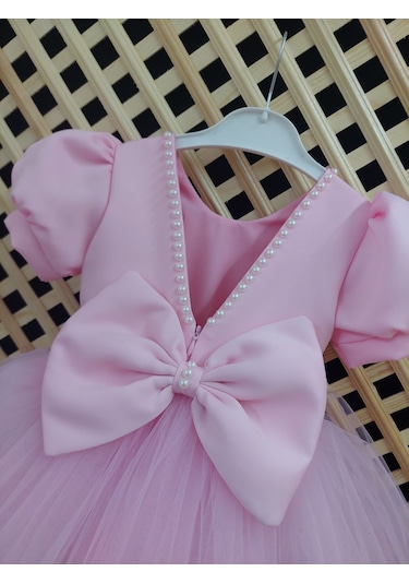 Yakası İncili Pembe Elbise Pembe