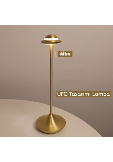 Novahub Uçan Daire Masa Lambası - Şarjlı, Metal, Dekoratif, Gece Lambası Altın Atmosfer Lambası Altın