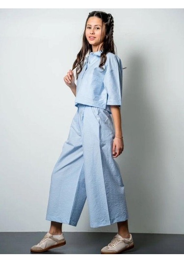Kız Çocuk Crop Gömlek Poplin Pantolon Takım-15793 Mavi