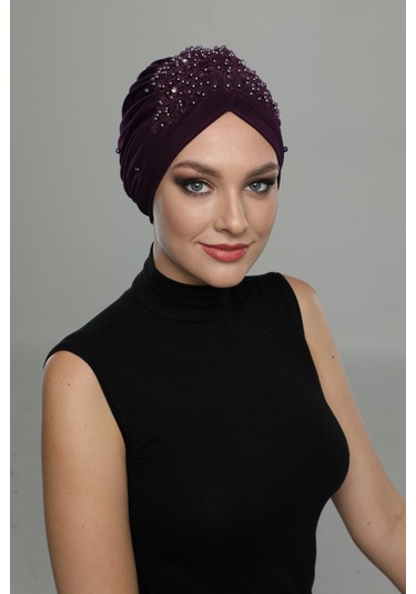 Kopma Astarlı İşlemeli Mor Dantel Motifli Hazır Türban Tesettür Abiye Bone Mor