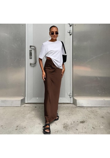 Saten Siyah Trompet Etek Ince Yüksek Bel Etekler Moda Kadın 2023 Yaz Katı Ofis Bayan Uzun Etek Kadın Zarif 27694 Kahverengi