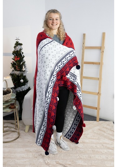 Biocotton Triko Ponponlu Örgü Tv Battaniyesi - Lacivert Lacivert