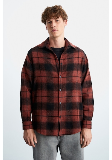 Sımonı Erkek Oduncu Gömlek Kalın Dokulu Çıtçıtlı Oversize Ceket Tipi Kiremit Rengi Gömlek