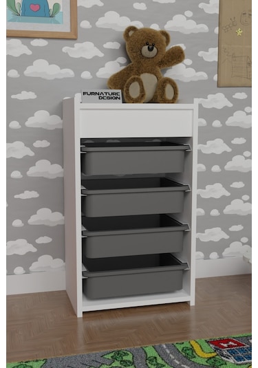 4 Sepetli Oyuncak Dolabı Çok Amaçlı Mutfak Dolabı Beyaz - Gri Beyaz