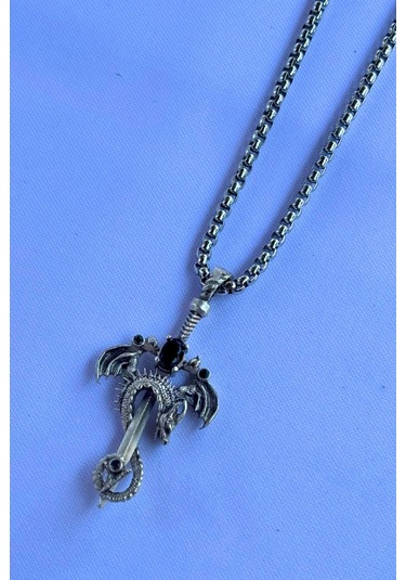 Taşlı Ejderha Kılıcı El İşçiliği Paslanmaz Çelik Zincir Erkek Kolye Gümüş