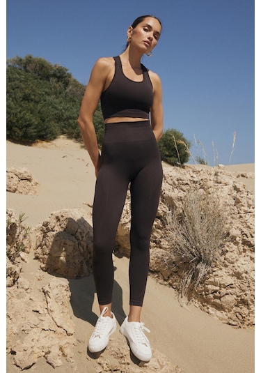 Jerf Gela Yüksek Bel Esnek ve Toparlayıcı Kadın Spor Tayt - Acı Kahve