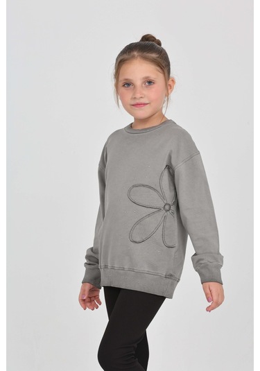 Toontoy Kız Çocuk Çiçek Nakışlı Sweatshirt Füme Melanj
