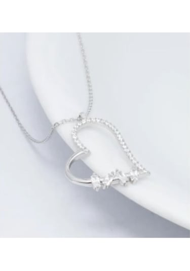 925 Ayar Gümüş Baget Kalp Zirkon Taşlı Kolye