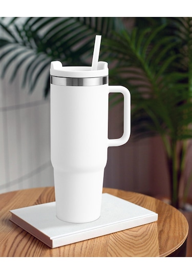 Beyaz Paslanmaz Çelik Termos Pipetli 1200ml Beyaz