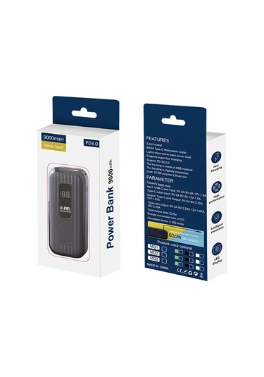 Mq3 9000mah Güç Bankası, Dahili C Tipi Kablo 22.5w Hızlı Şarj Dijital Ekran Taşınabilir Şarj Cihazı Siyah