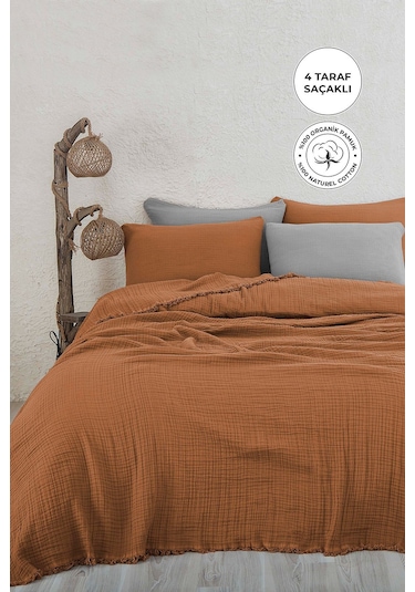 %100 Pamuk Çift Kişilik Müslin Yatak Örtüsü 4 Katlı Yumuşak Battaniye Müslin Pike Takımı 3 Parça Turuncu Turuncu