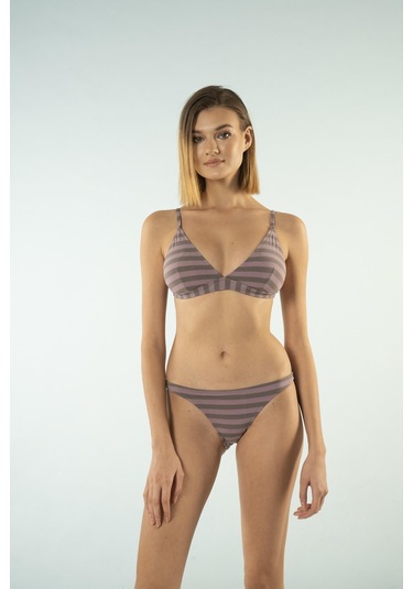 Estiva Bantlı Toparlayıcı Üçgen Bikini Takımı - Çizgili Mürdüm