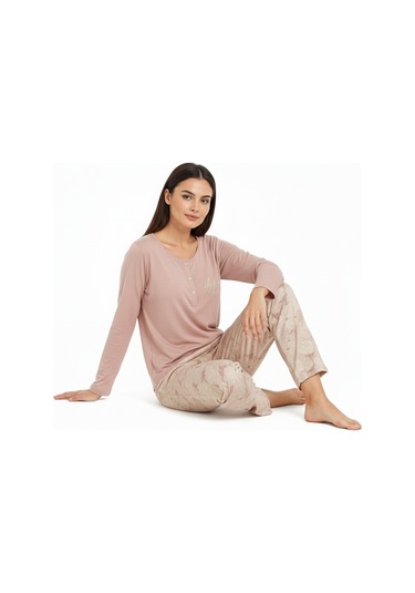 Üstü Yazılı Altı Çiçek Desenli Elite Viscose Uzun Pijama Takımı Pudra 3564 Pembe