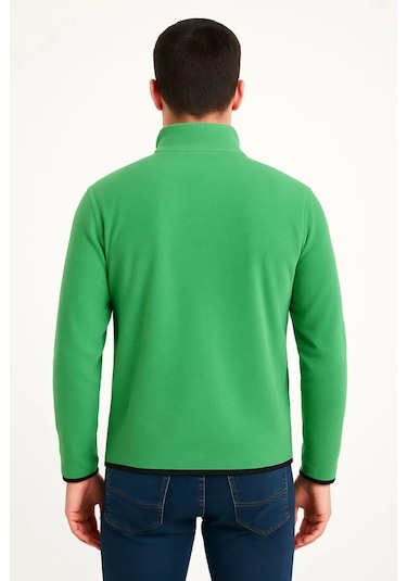 Erkek Polar Kazak Dik Yaka, Yarım Fermuarlı, Fermuarlı Göğüs Cepli, Siyah Biyeli, Kışlık Rahat Reg Yeşil