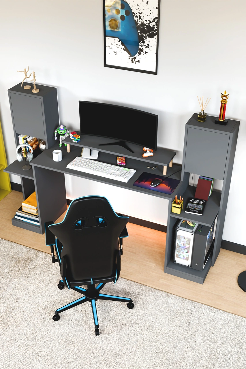 Throne Dolaplı, Kitaplıklı, Raflı Çalışma Masası, Bilgisayar Masası, Çocuk Çalışma Masası Antrasit Gri Antrasit