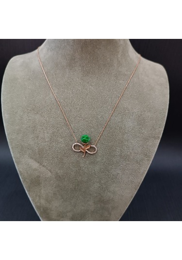 925 Ayar Gümüş Sonsuzluk Tema Yeşil Gül Modelli Harika Tasarım Altın Kaplama Kolye Gümüş