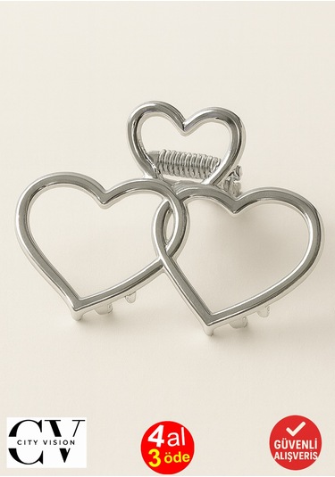 7 Cm Çift Kalp Model Gümüş Saç Tokası Zarif Ve Romantik Metal Mandal Toka Gümüş