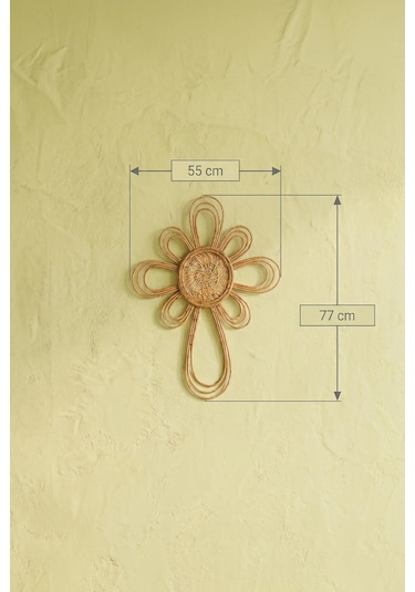 Doğal Rattan Güneş Duvar Dekoru - Bohem Çiçek Model Hasır Duvar Aksesuarı 55x77 Cm Krem