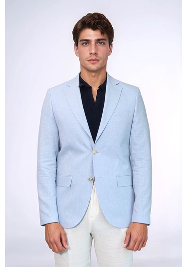 Açık Mavi Keten Dokulu Gold Renk Metal Düğmeli Slim Fit Erkek Blazer Ceket - Wessi Blue