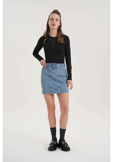 Açık Mavi Yüksek Bel Kemer Detaylı Jean Etek C 4532-034 Açık Mavi