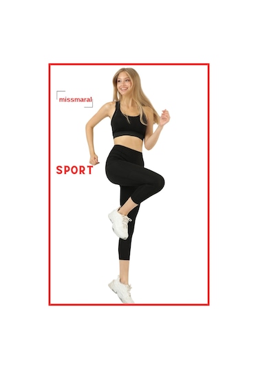 Kadın Siyah Yüksek Bel Toparlayıcı Çift Cepli Diz Altı Kapri Tayt Capri Slim Fit 1054 SiYAH