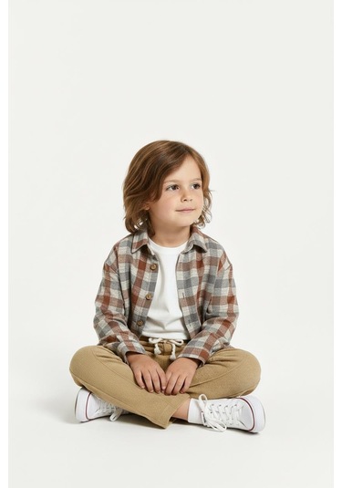 Kiremit Ekoseli Gömlekli 3 Lü Takım Bej