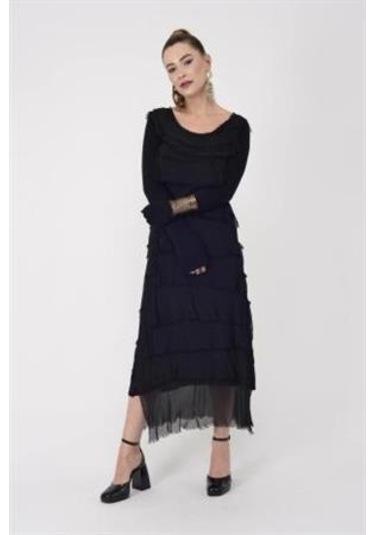 Italyan 2 Beden İnce Gösteren Kat Kat Uzun Kol Taşlanmış İpek Elbise-9189 Siyah