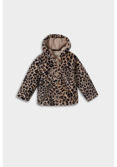 Defacto Kız Bebek Kapüşonlu Leopar Desenli Fermuarlı Pelüş Mont E7993a525aubg744 Bej
