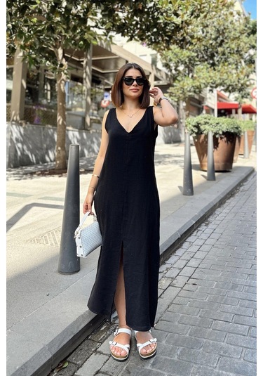 Siyah Askılı İthal Müslin Kumaş, Önü Ve Arkası V Yaka, Önden Yırtmaçlı, Maksi/uzun Salaş Elbise Siyah
