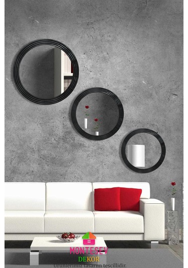 Zümrüt Ahşap Siyah Dekoratif İşlemeli Banyo Duvar Aynası Üçlü Set Siyah