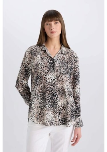 DeFacto Oversize Geniş Kalıp Yılan Derisi Desenli Maroken Uzun Kollu Gömlek D5270AX25SPBG324