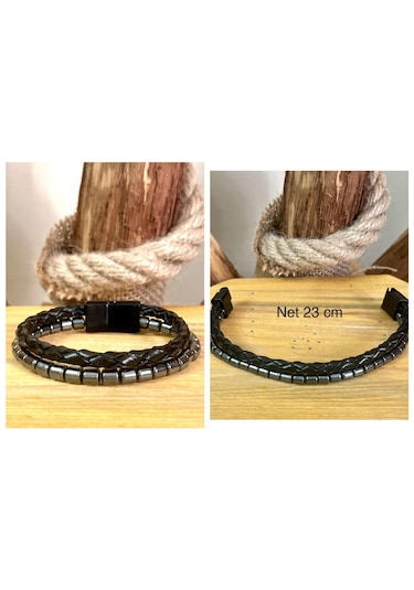 %100 Deri&hematit Kombin Erkek Bileklik Net 23cm Türk El Üretimi Siyah - Gri