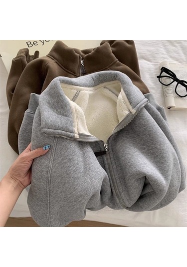 Snapbuy İçi Polarlı, Fermuarlı, Dik Yaka Kadın Sweatshirt Ceket Gri