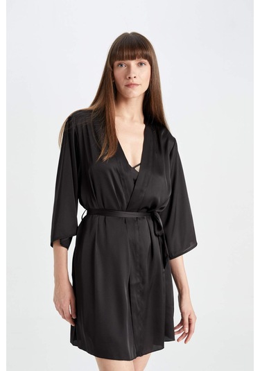 DeFacto Regular Fit Wrap Yaka Saten Yarım Kol Sabahlık-Fall in Love B8856AX24HSBK27 Siyah