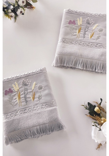 2'li Nakışlı Jakarlı Kadife El Yüz Havlusu - %100 Pamuk - Gri Grı Gri